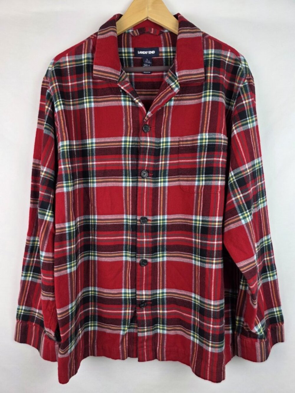 Lands' End Men's Pajama Top Size Large Red Plaid Flannel Long Sleeve PJ Shirt